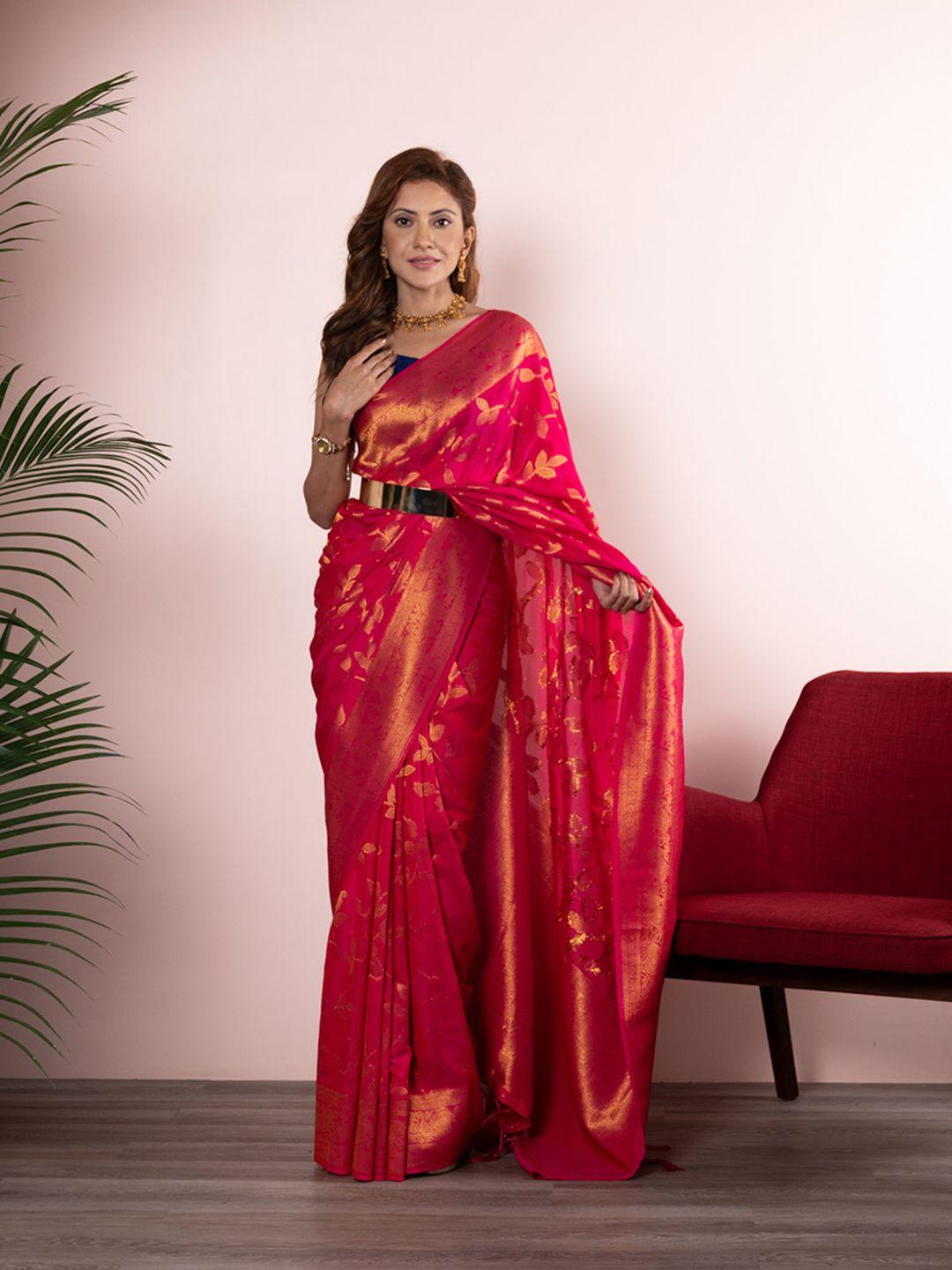 beatitude pink & gold-toned floral silk blend banarasi saree