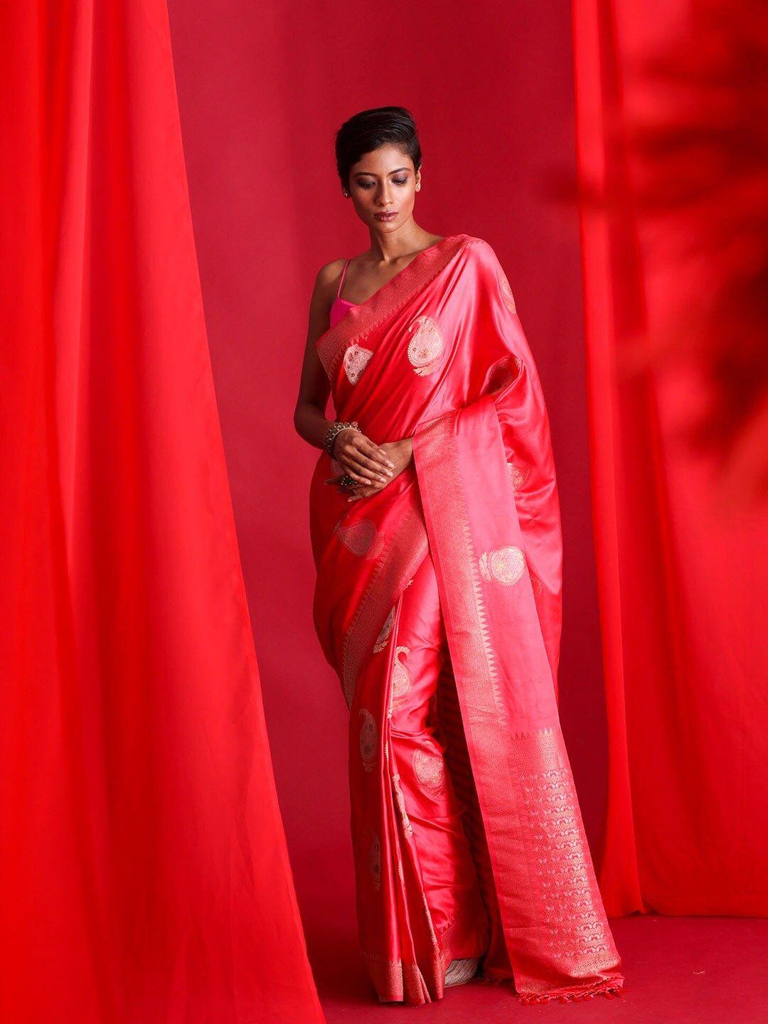 beatitude pink & gold-toned paisley zari silk blend banarasi saree