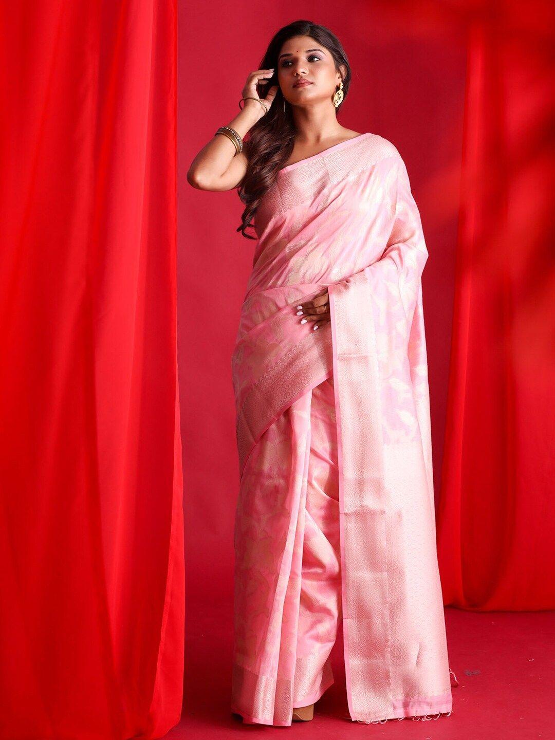 beatitude pink & silver-toned ethnic motifs zari banarasi saree