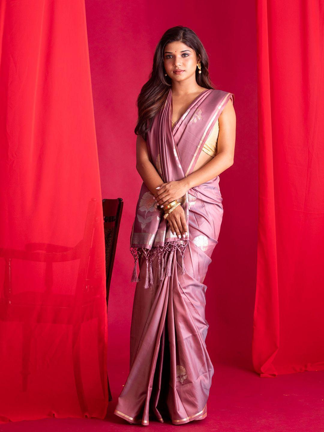 beatitude pink & silver-toned ethnic motifs zari silk blend banarasi saree