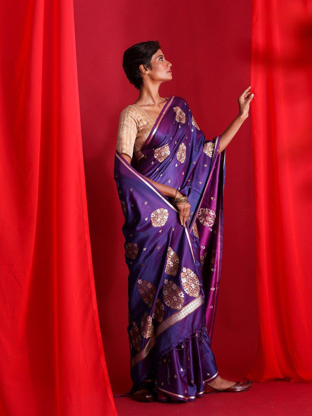 beatitude purple & copper-toned ethnic motifs zari silk blend banarasi saree