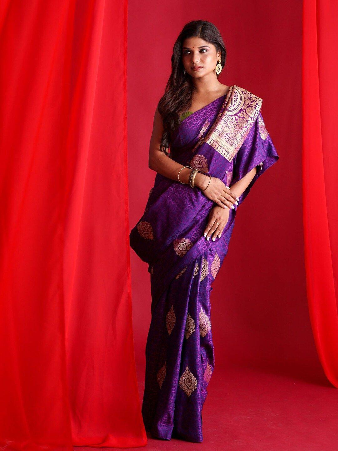 beatitude purple & gold-toned woven design zari silk blend banarasi saree