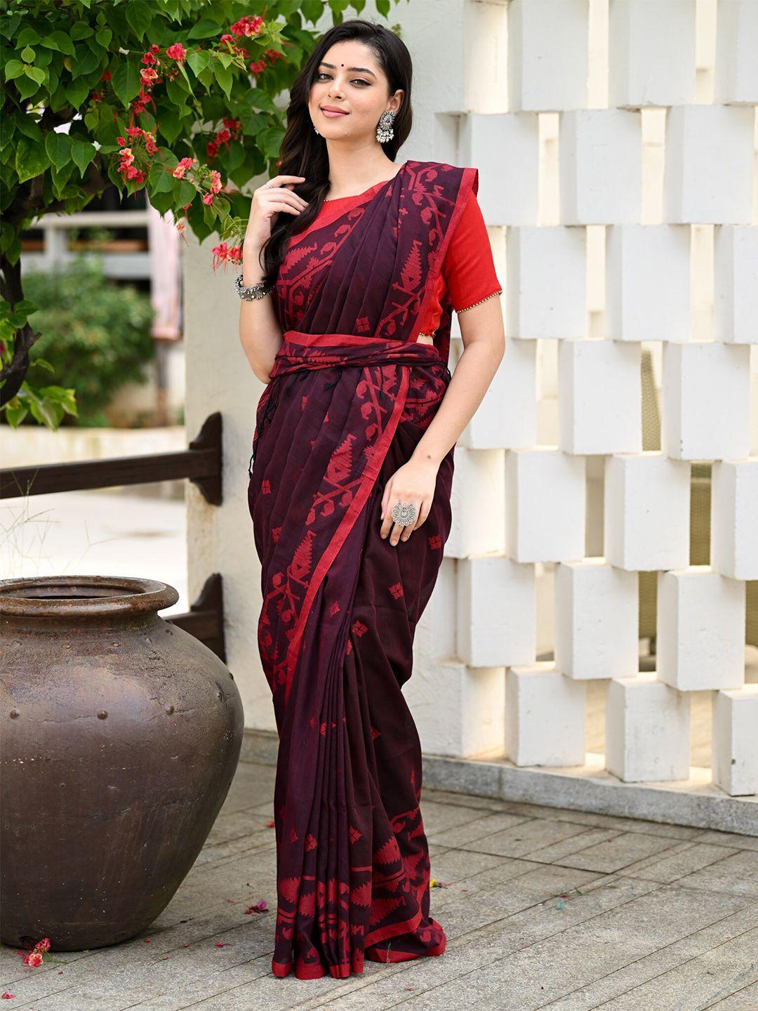 beatitude purple & red woven design pure cotton jamdani saree