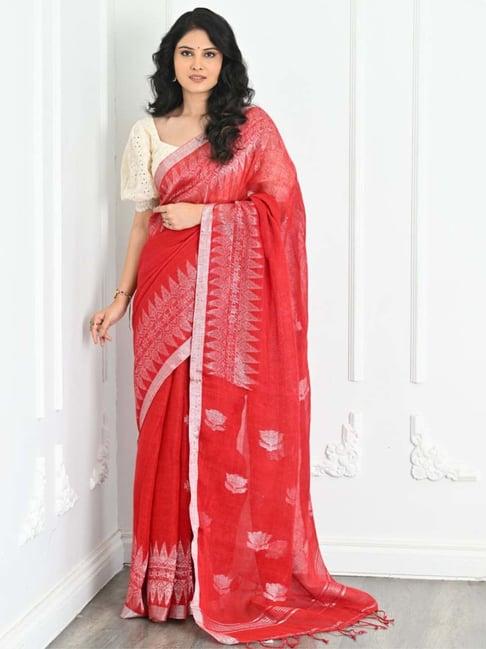 beatitude red handwoven linen saree