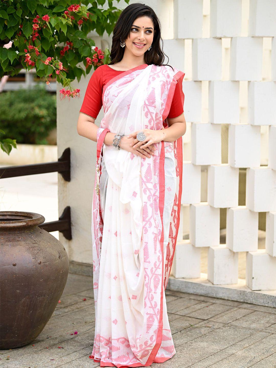 beatitude white & pink woven design pure cotton handloom jamdani saree