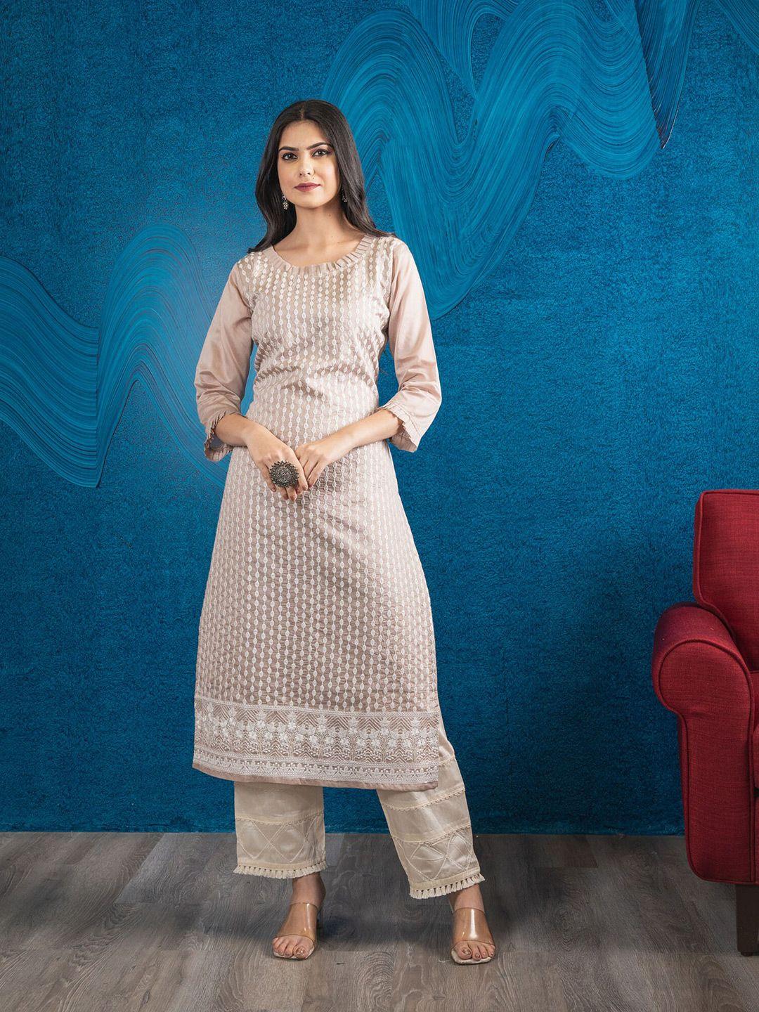 beatitude women grey & white ethnic motifs embroidered chanderi silk kurta