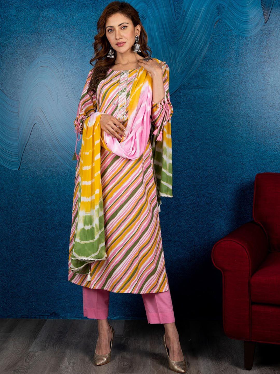 beatitude women multicoloured striped pure cotton kurta with trousers & with dupatta