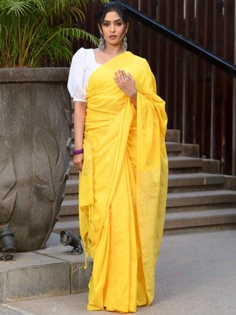 beatitude yellow cotton ghicha pallu saree