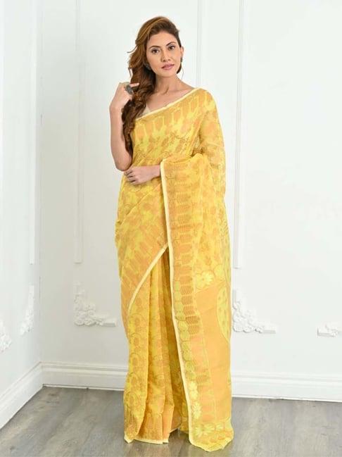 beatitude yellow jacquard jamdani saree