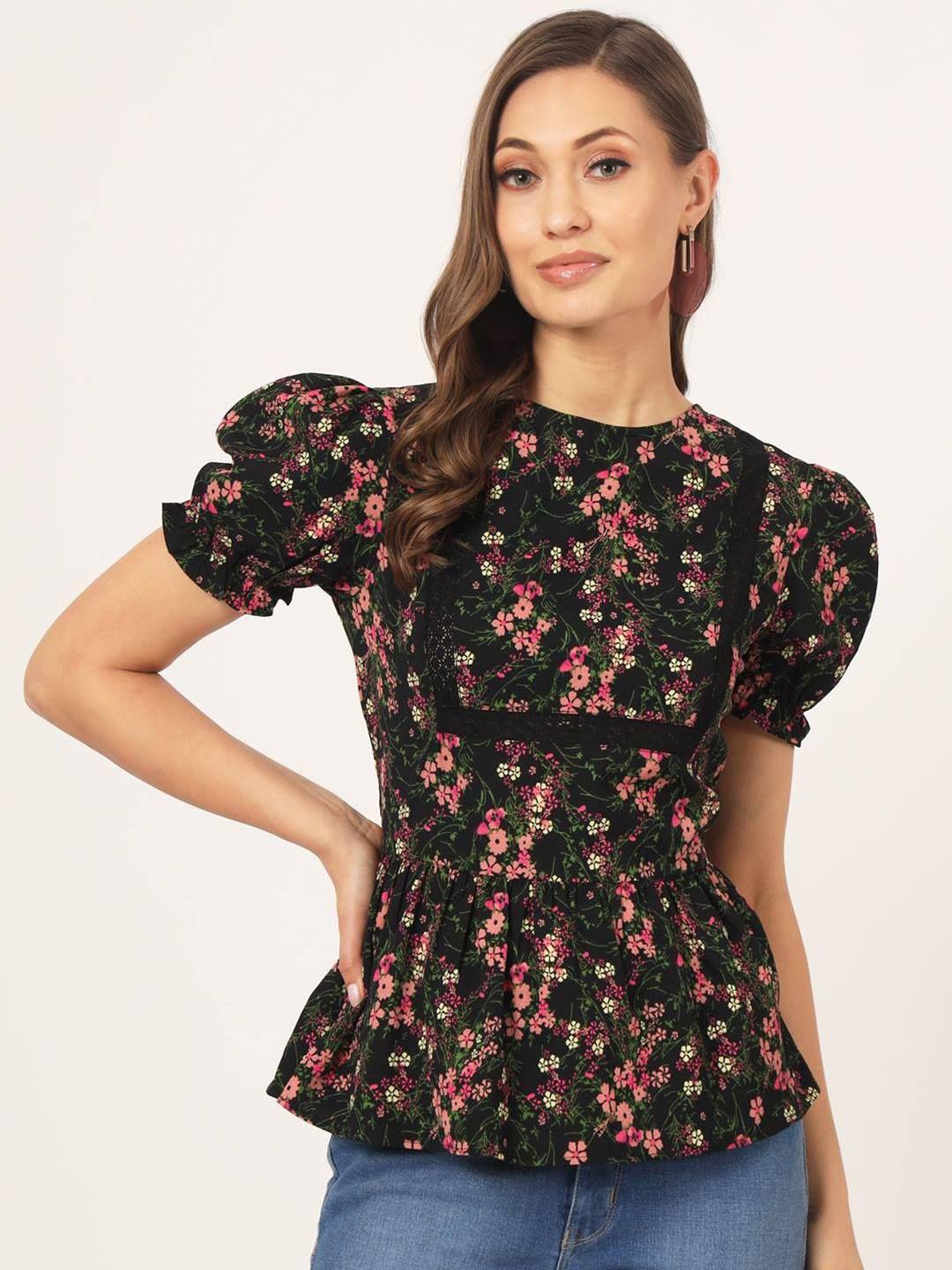 beatnik floral printed puff sleeves gathered cinched waist top