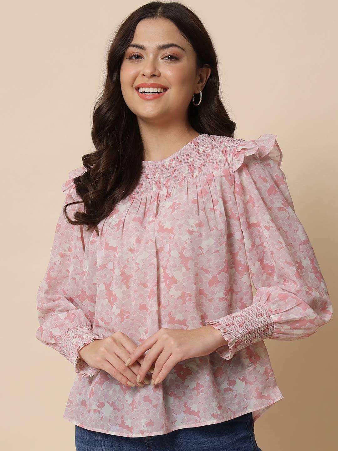 beatnik floral printed puff sleeves smocking a-line top