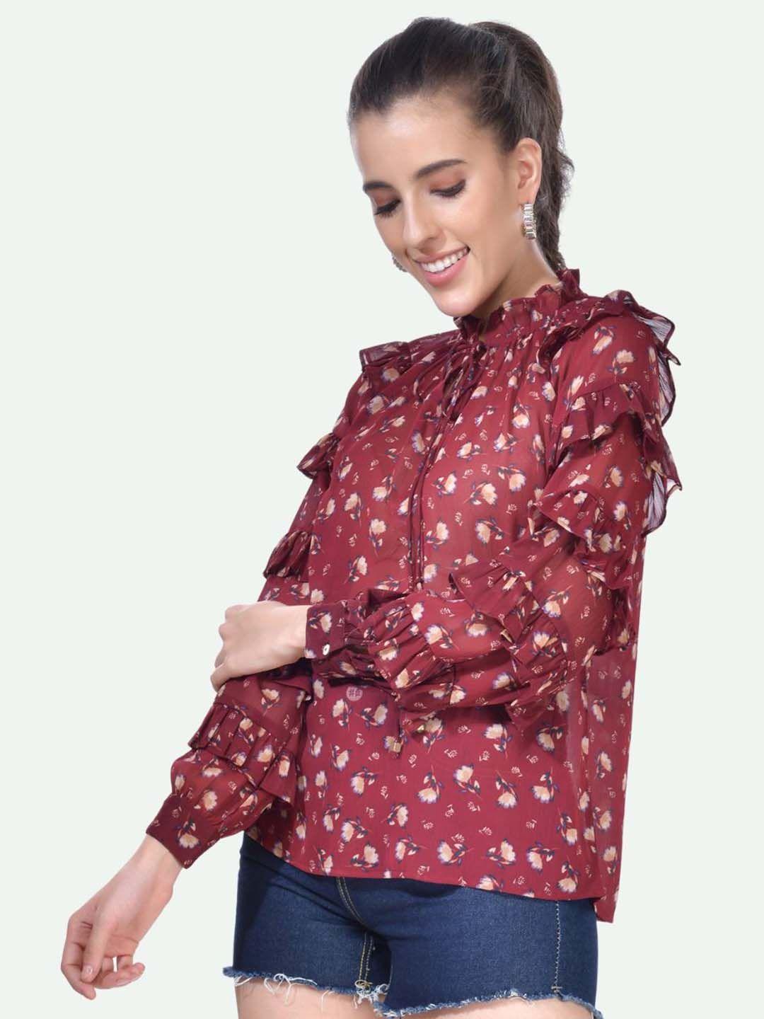 beatnik floral printed tie-up neck shirt style top
