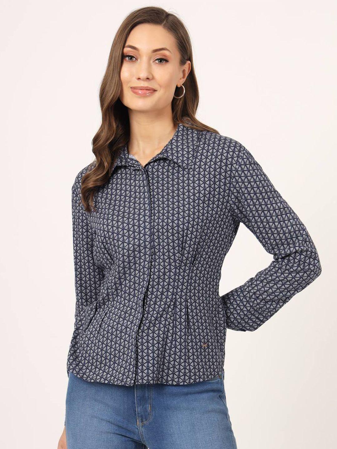 beatnik geometric printed cuffed sleeves cotton shirt style top