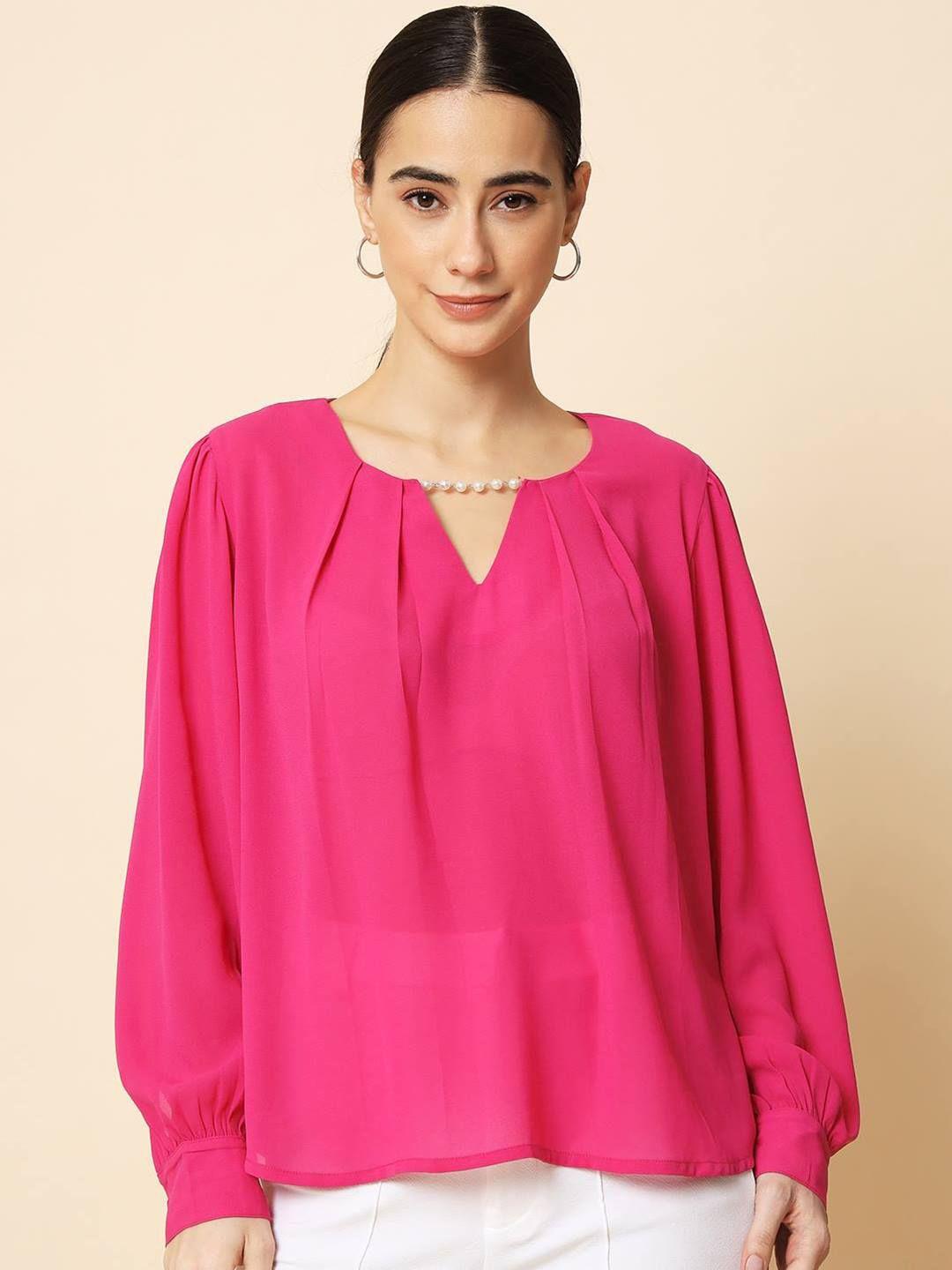 beatnik keyhole neck cuffed sleeves pleated regular  top