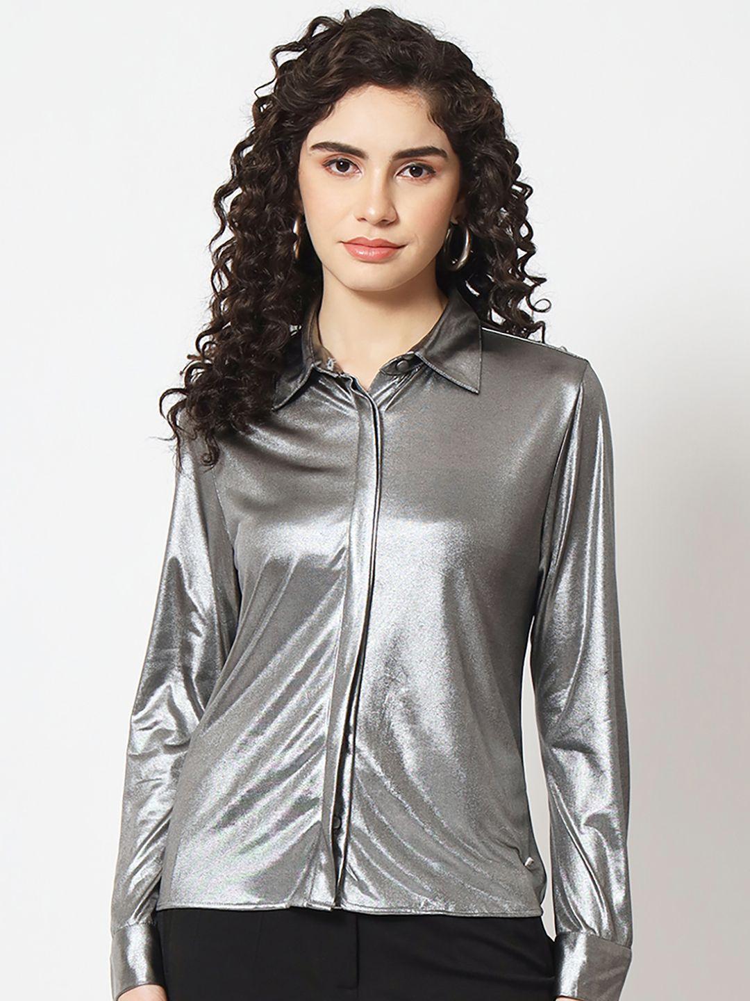 beatnik long sleeves flap placket metallic casual shirt