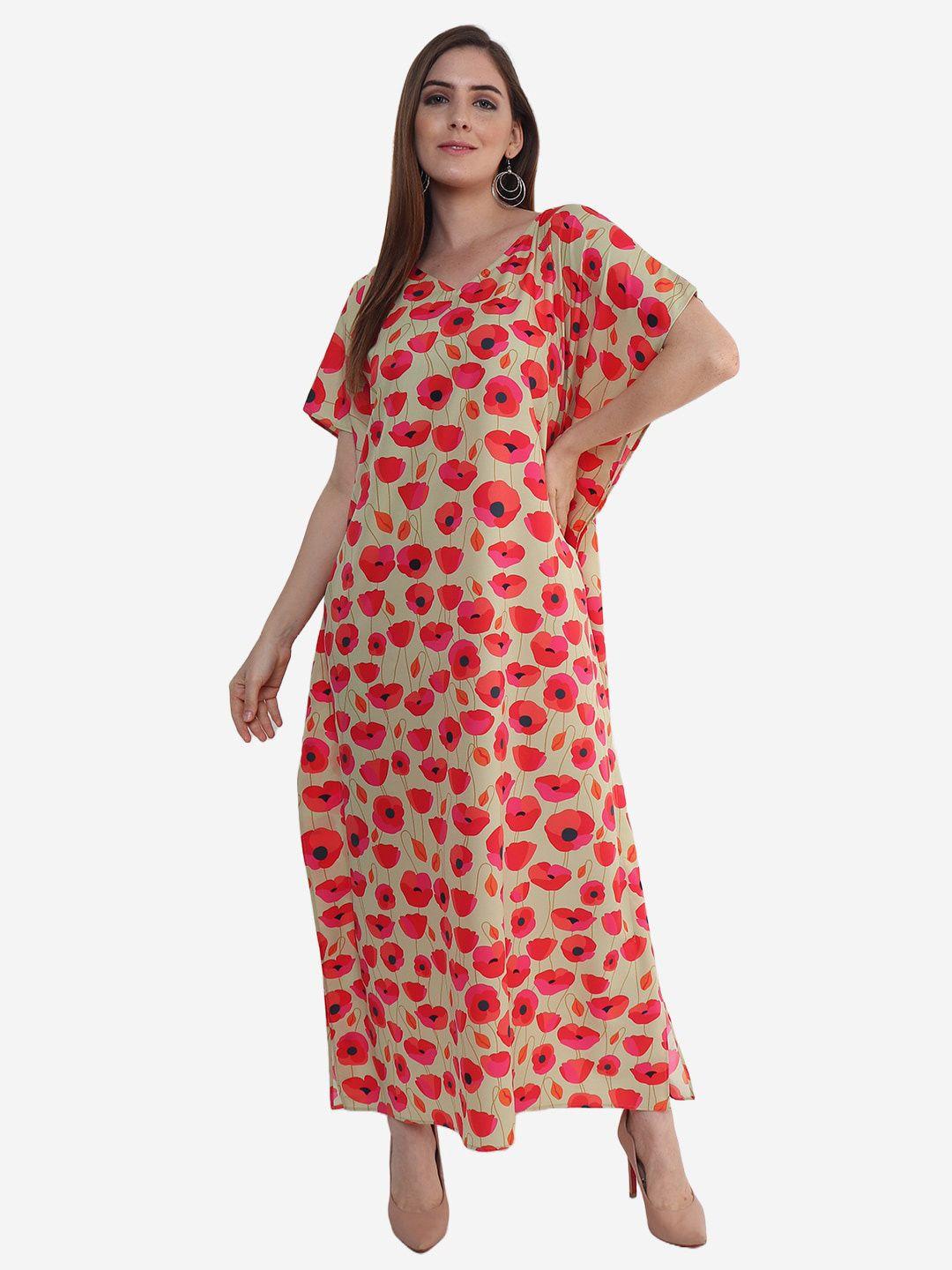 beau design red printed maxi kaftan nightdress