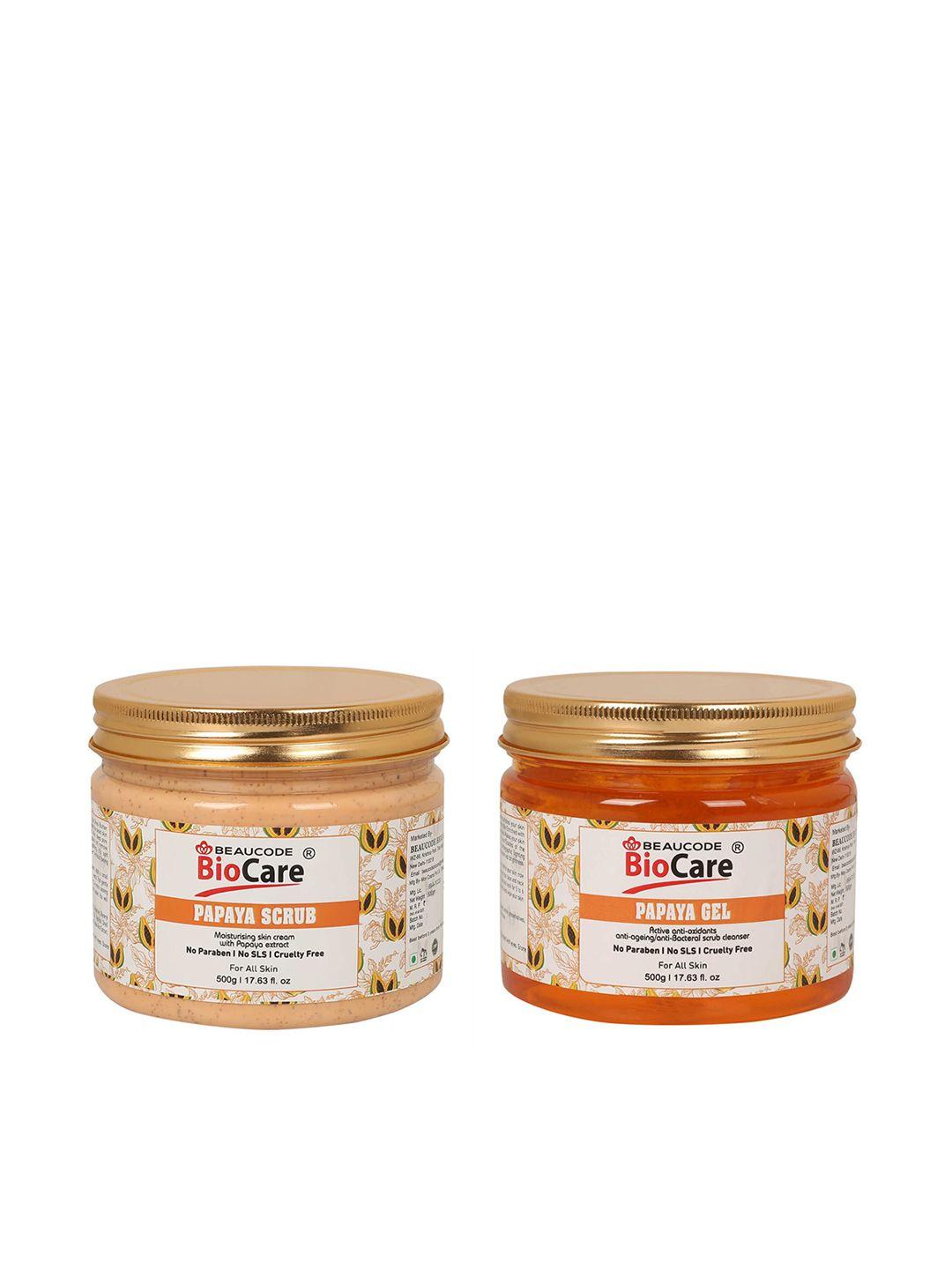 beaucode biocare unisex orange pack of 2 papaya face and body scrub and gel 500g
