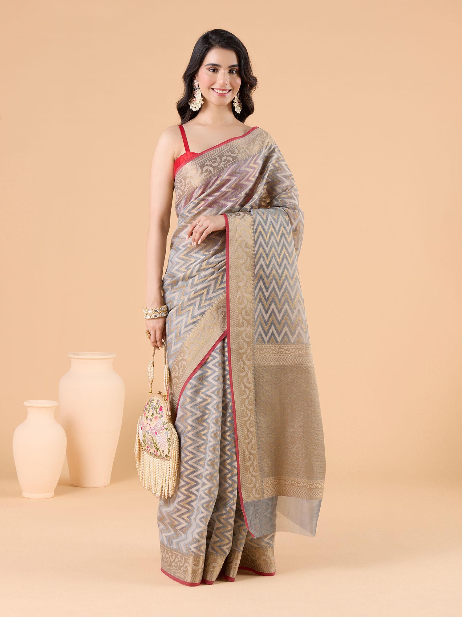 beautiful all over desgin with gold zari border festive grey saree & unstitched blouse