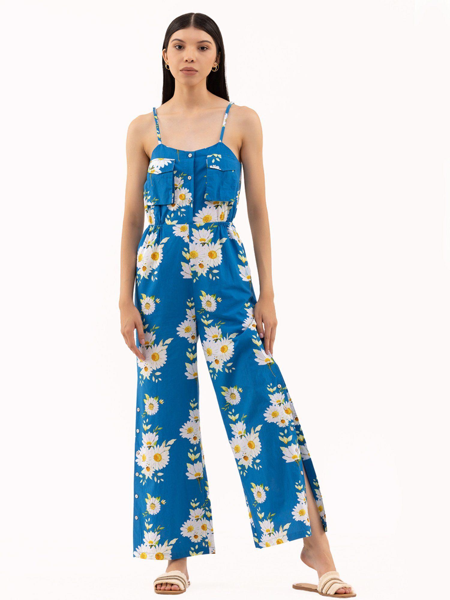 beautiful blooms daisy print wide leg jumpsuit blue