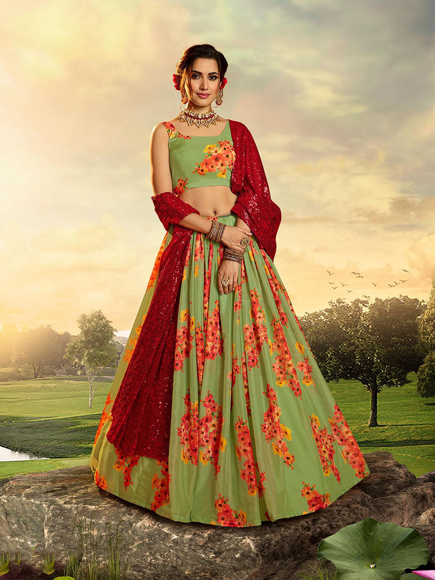 beautiful green semi stitched lehenga with unstitched blouse (set of 3)