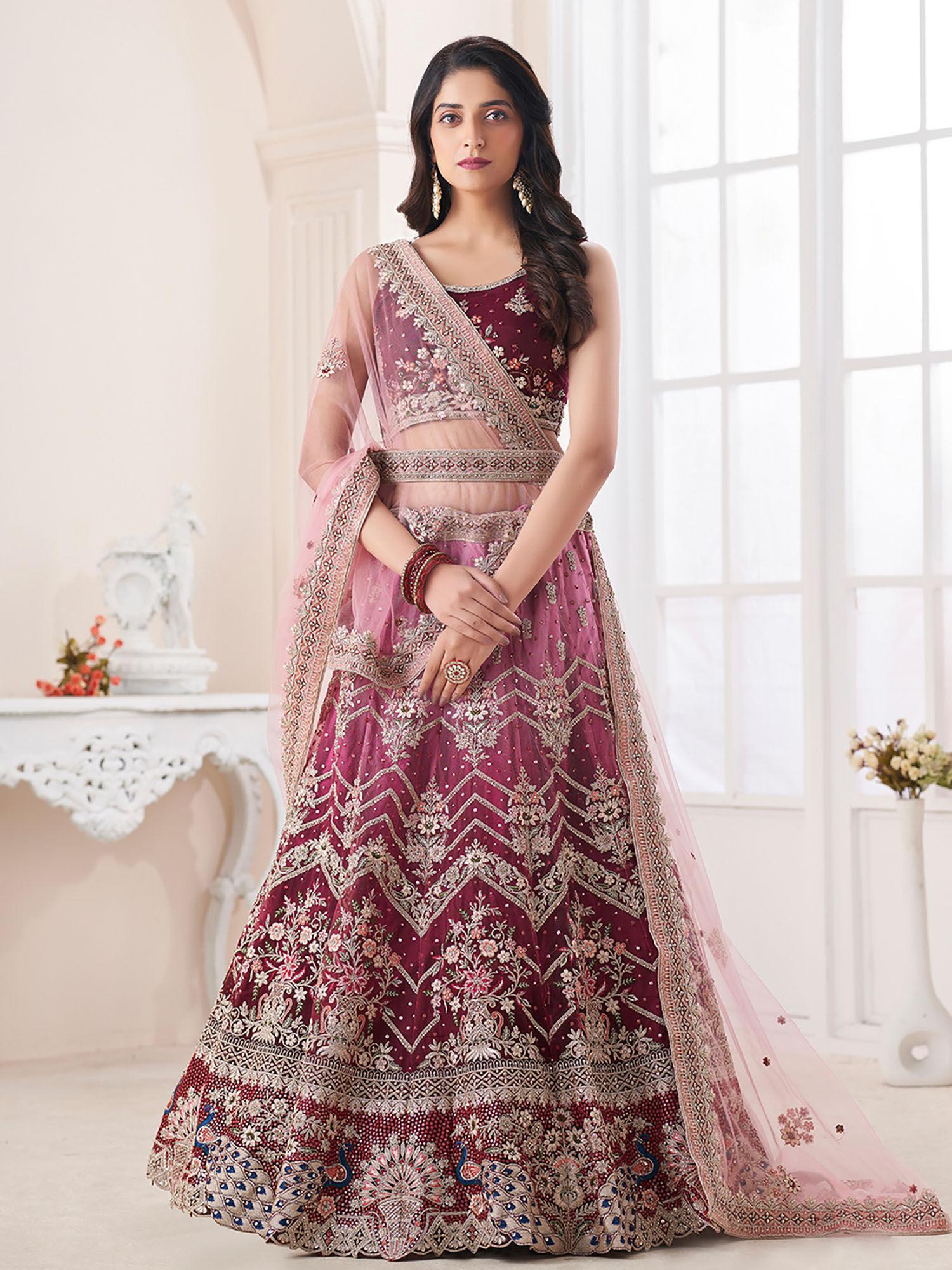 beautiful maroon and pink color art silk semi stitched lehenga with blouse piece (set of 3)