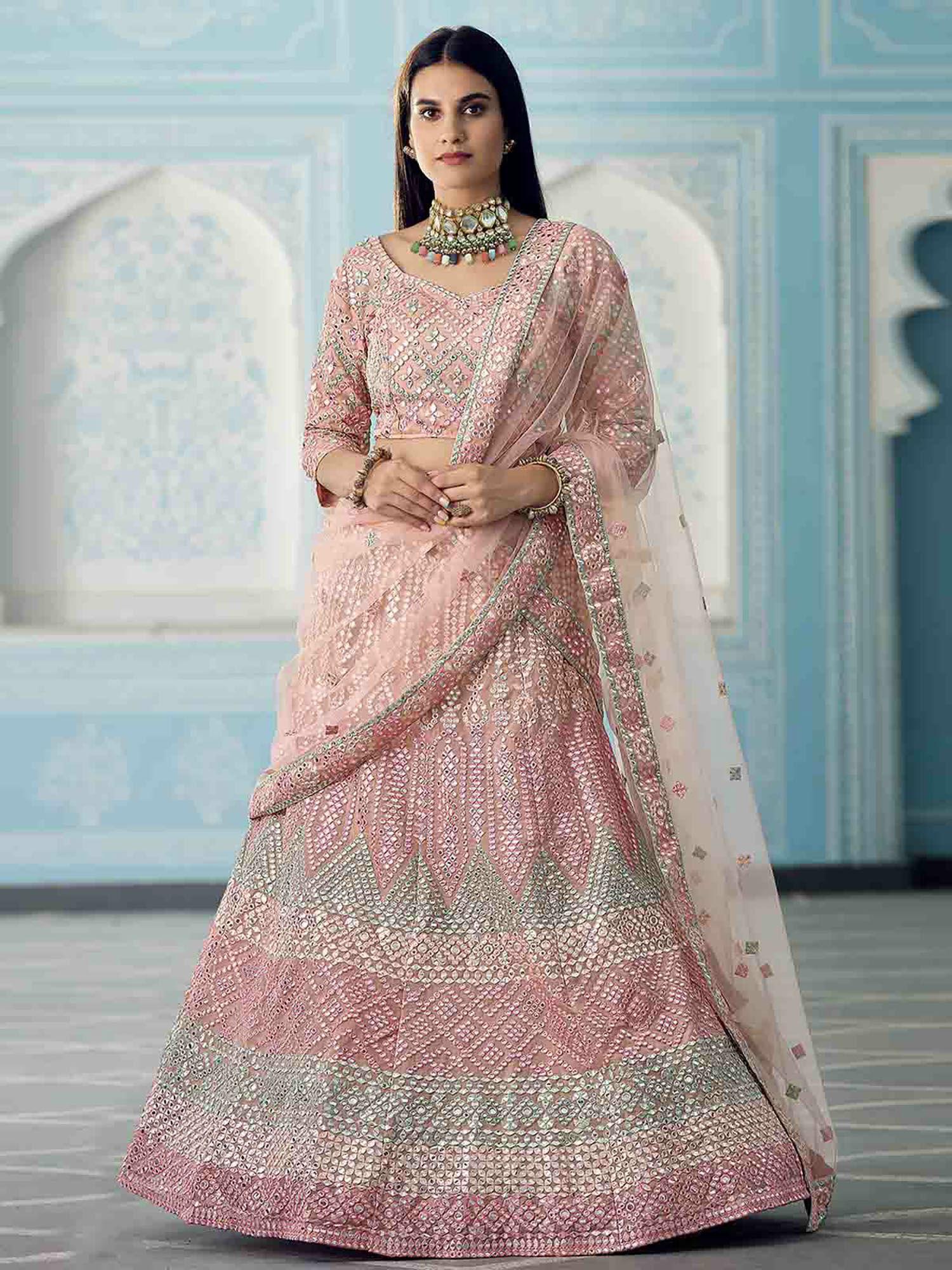 beautiful peach semi stitched lehenga with unstitched blouse (set of 3)