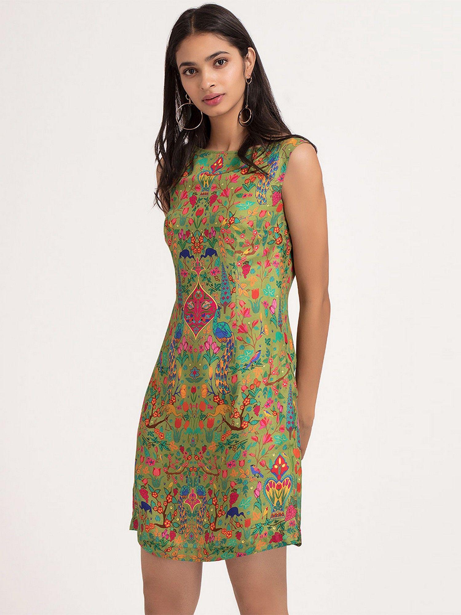 beautiful peacock and floral printed round neck sleeveless above knee partywear dress