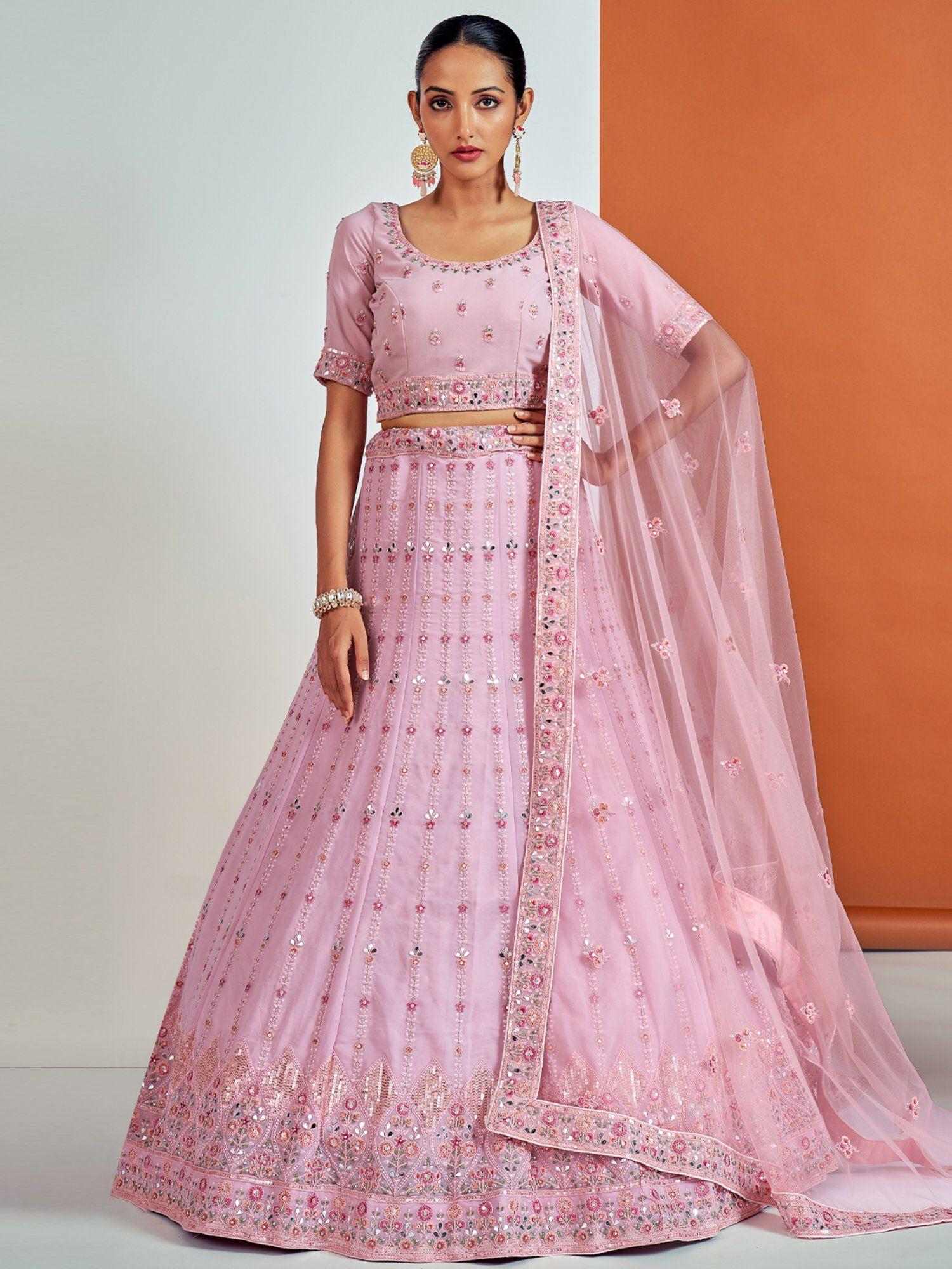 beautiful pink georgette semi stitched lehenga with unstitched blouse (set of 3)