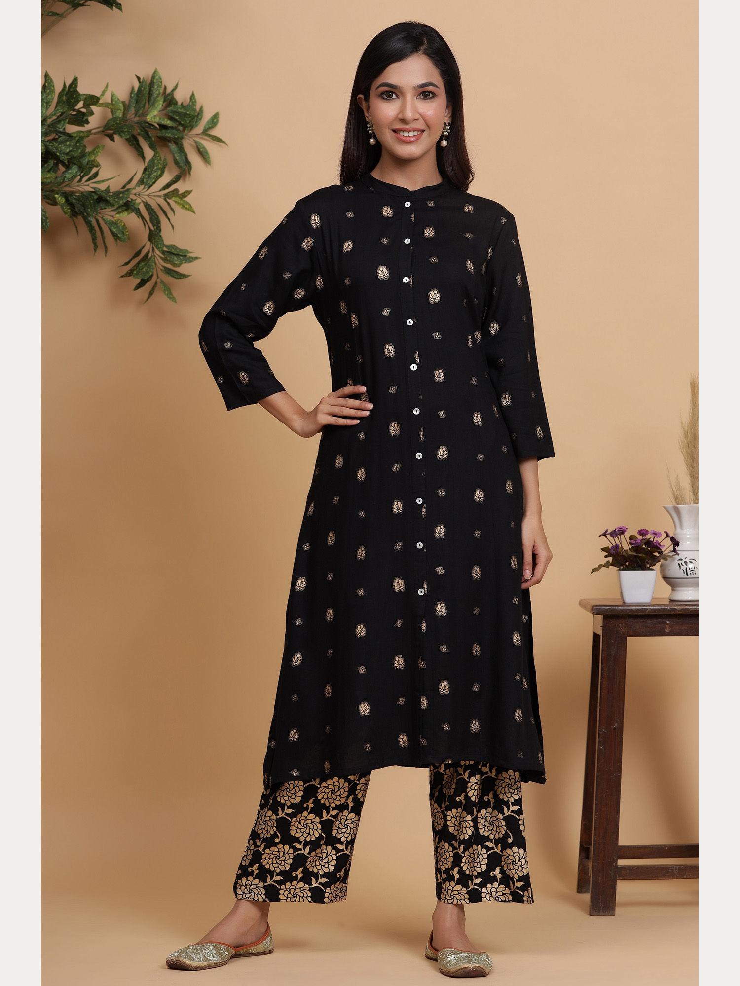 beautiful small flower jaipuri print black straight kurta