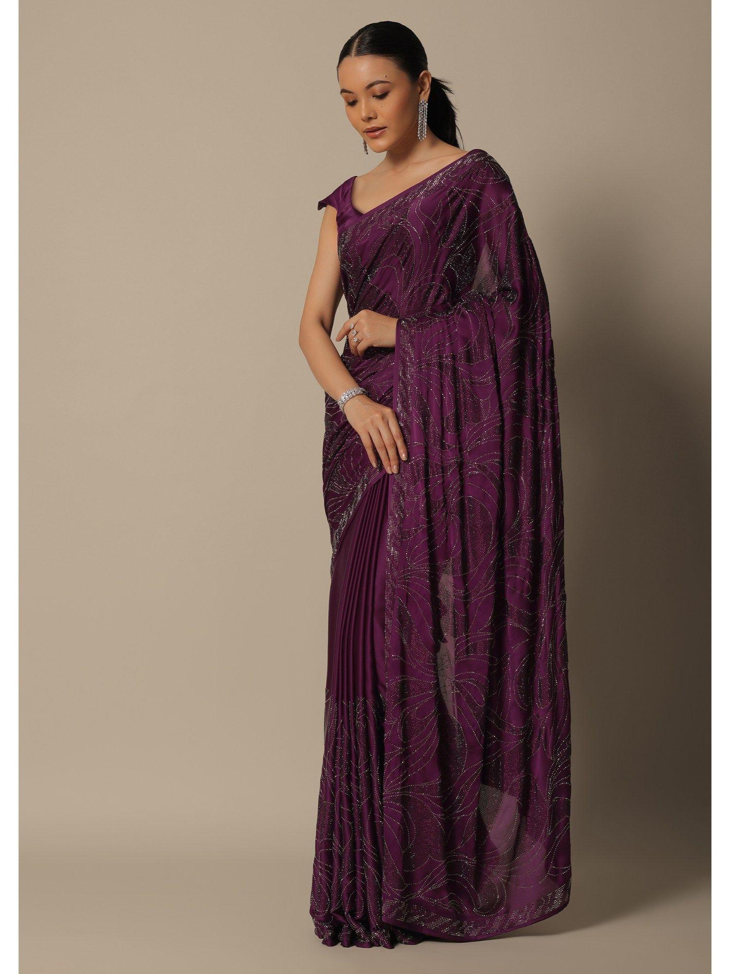 beautiful wine embellished satin pre-draped saree & unstitched blouse
