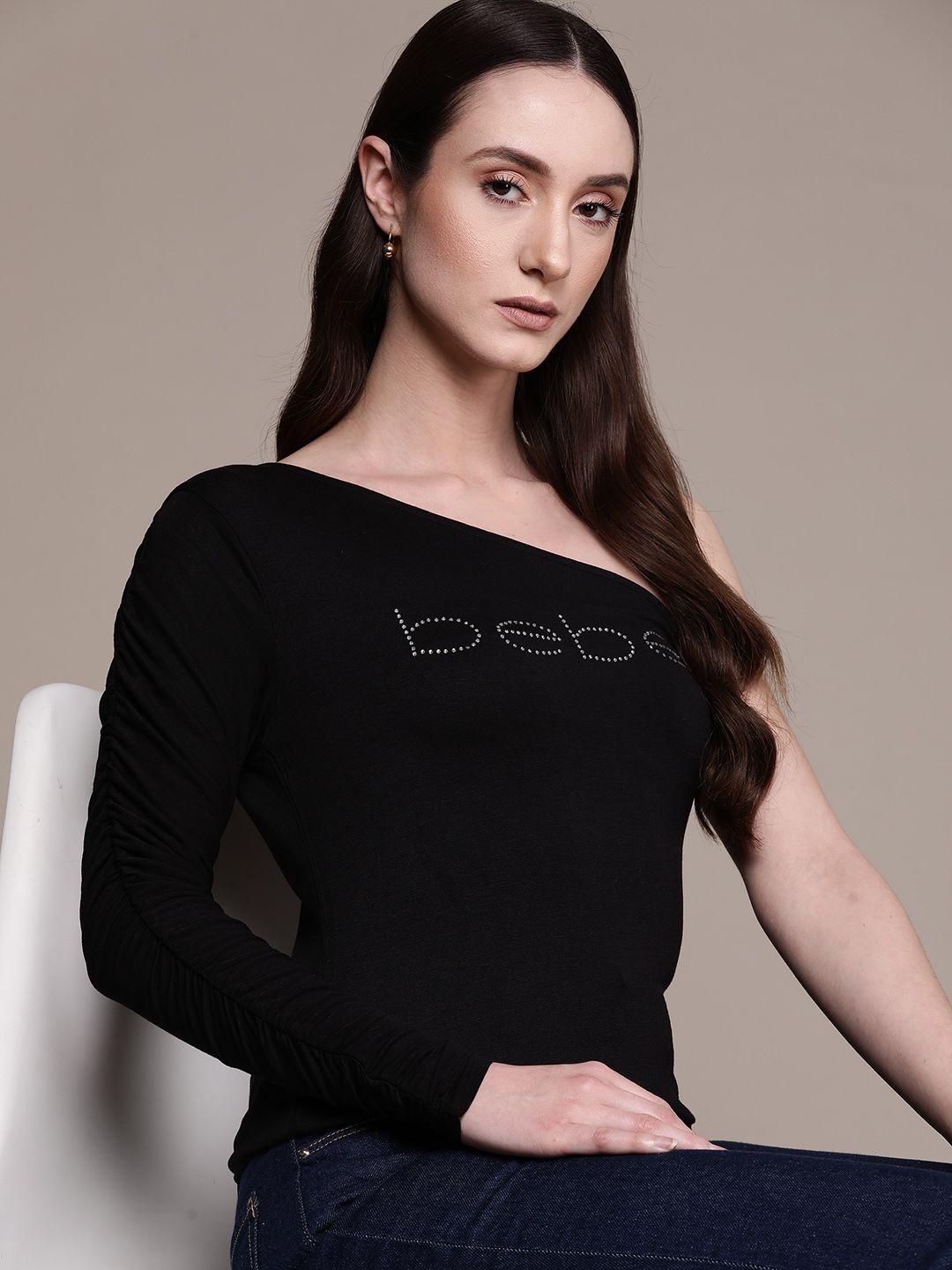 bebe season staples nightlife black brand logo embellished one shoulder fitted top