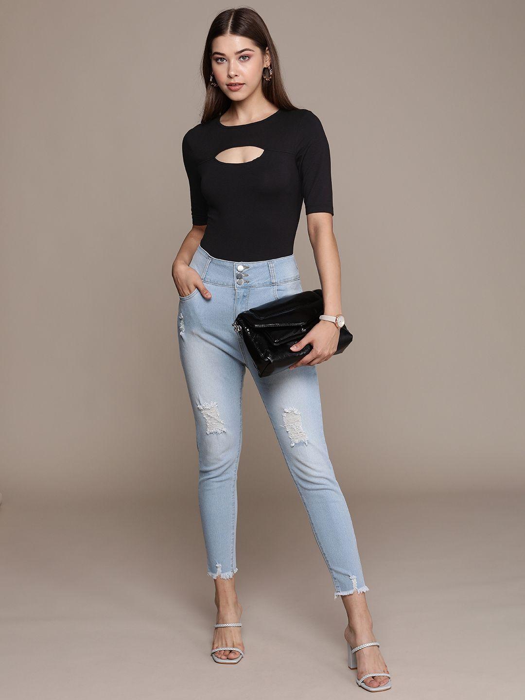 bebe women black essential solid round-neck casual t-shirt with cut-out detail