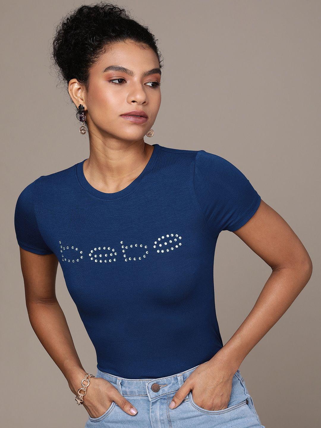 bebe women daylight blue essential brand logo embellished t-shirt