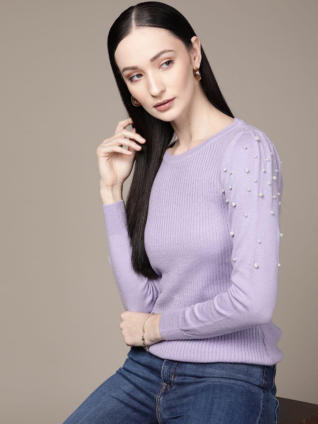 bebe women lavender all day ribbed sweater with embellished detail