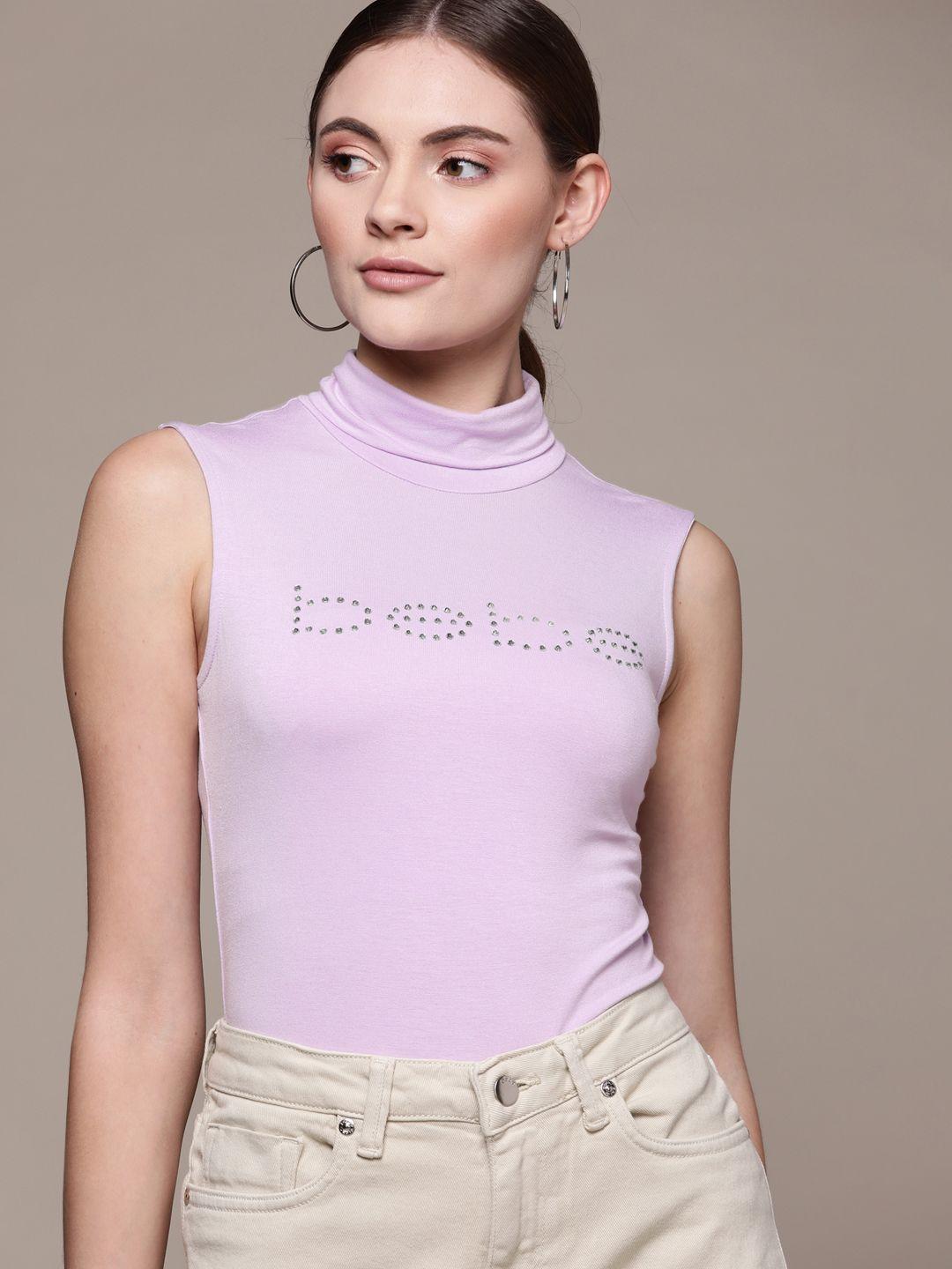 bebe women lavender silk season staple brand logo embellished high neck bodysuit