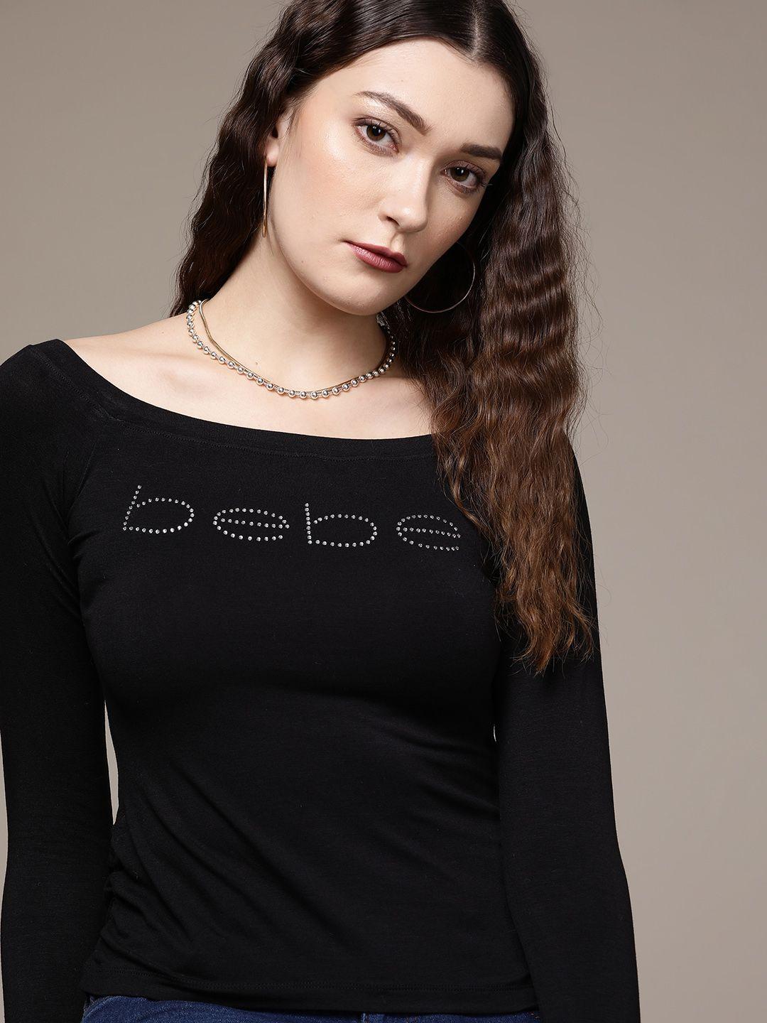 bebe women midnight black season staples brand logo embellished boat neck top