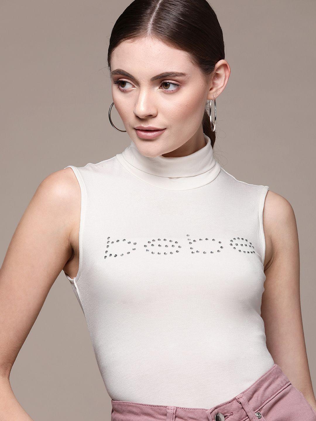 bebe women optic white season staple brand logo embellished high neck bodysuit