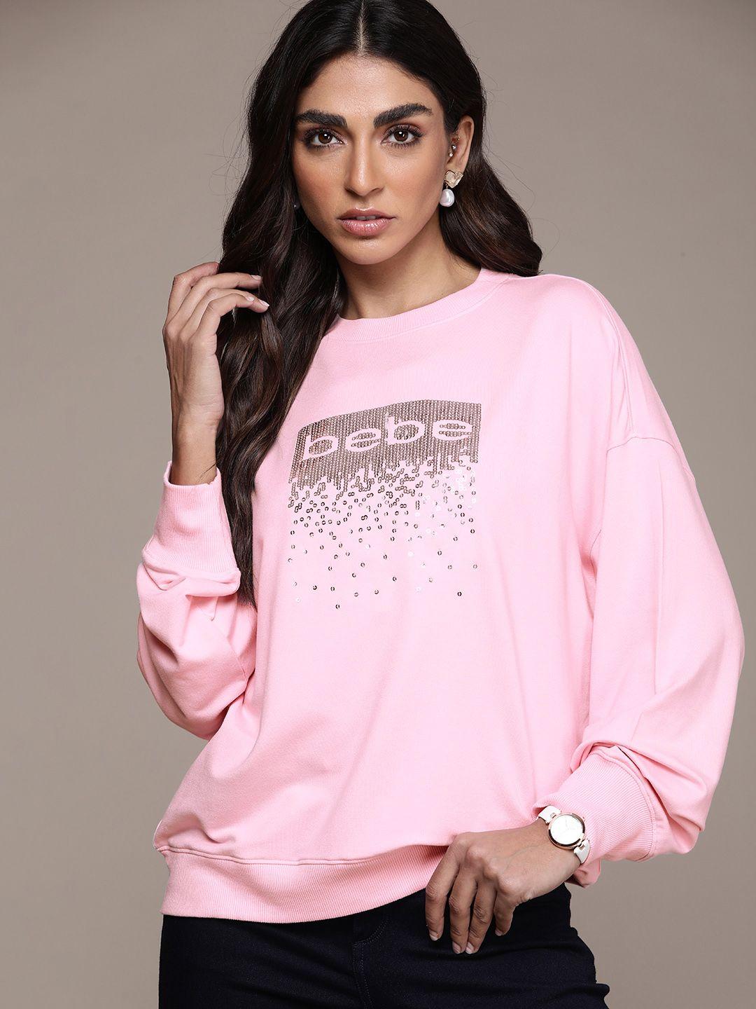 bebe women romance rose brand logo sequined sweatshirt