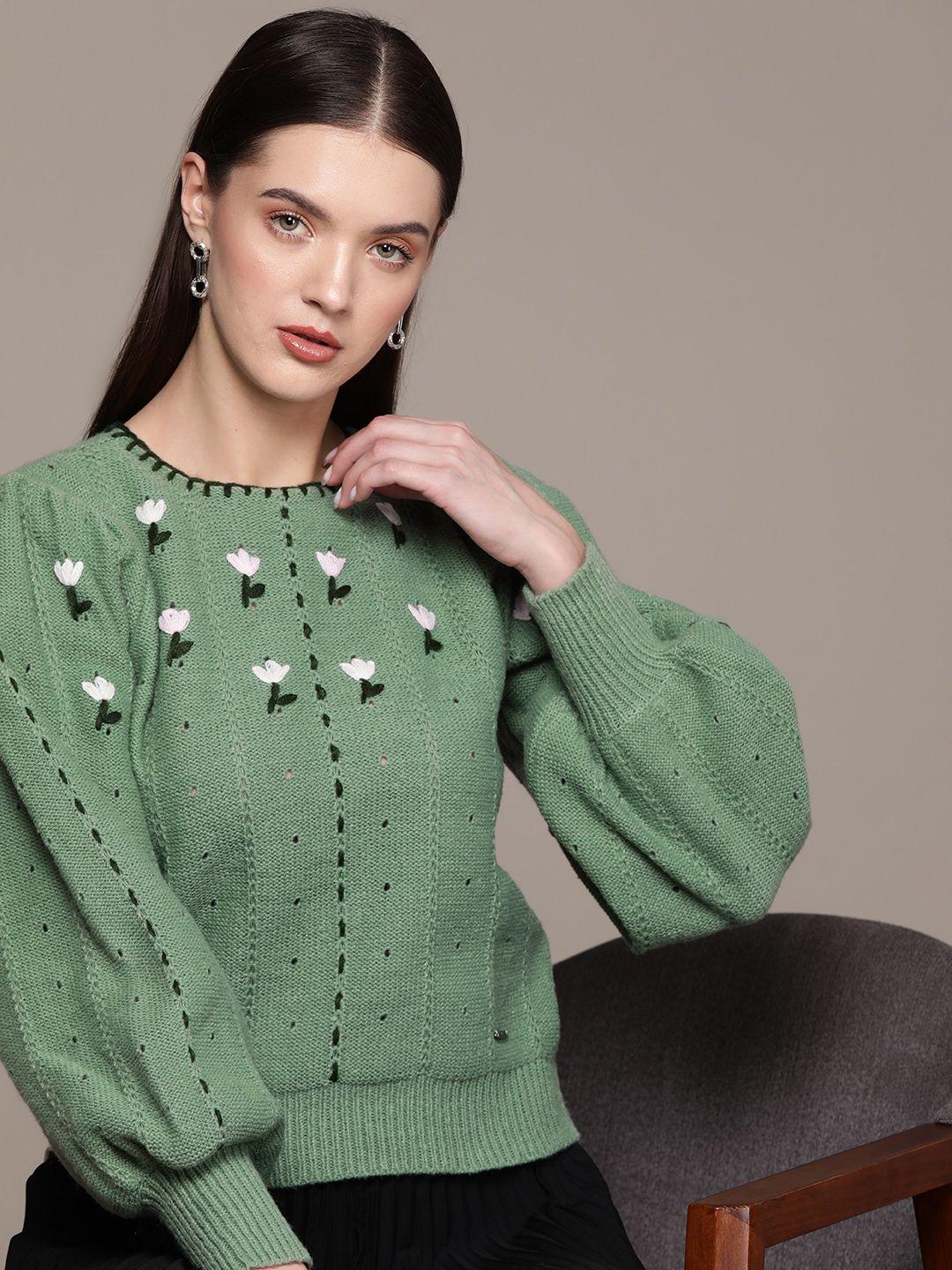 bebe all day open knit embroidered pullover