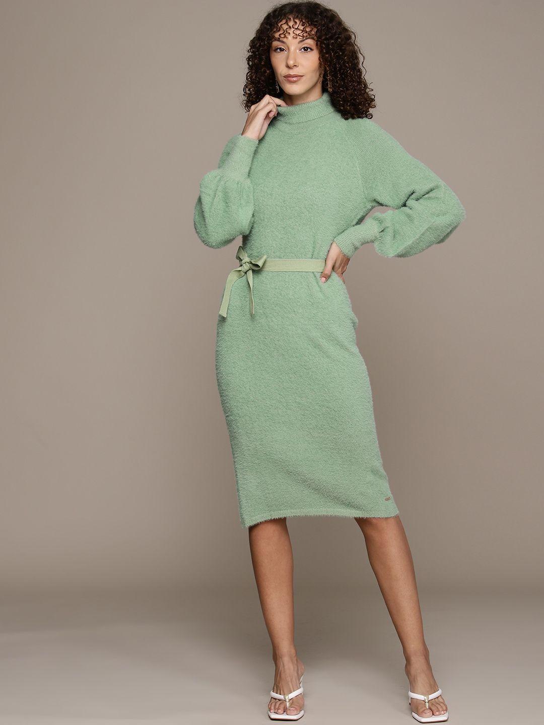 bebe all day puff sleeves turtle neck belted midi jumper dress