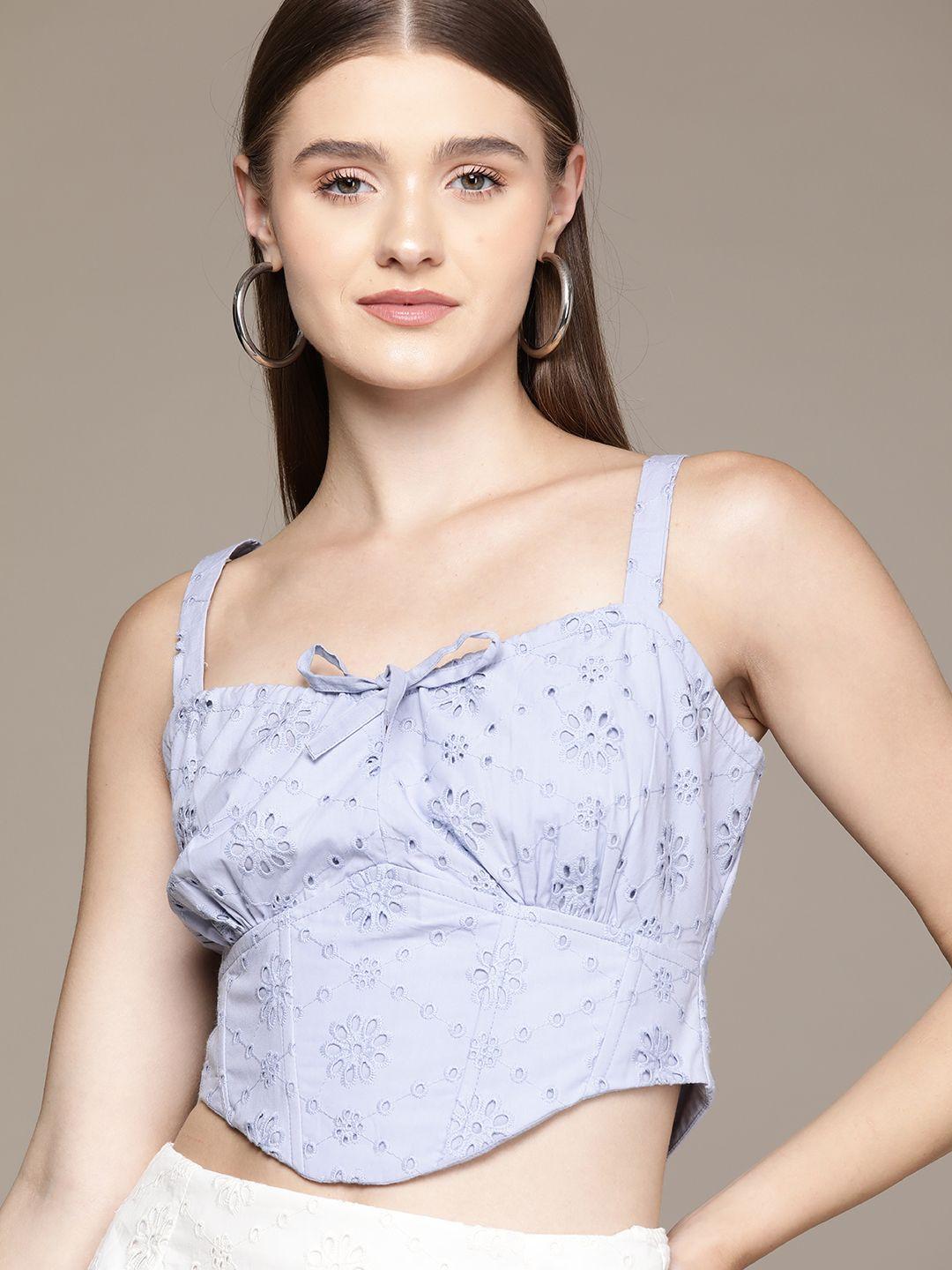 bebe all day schiffli embroidered corset styled empire crop top