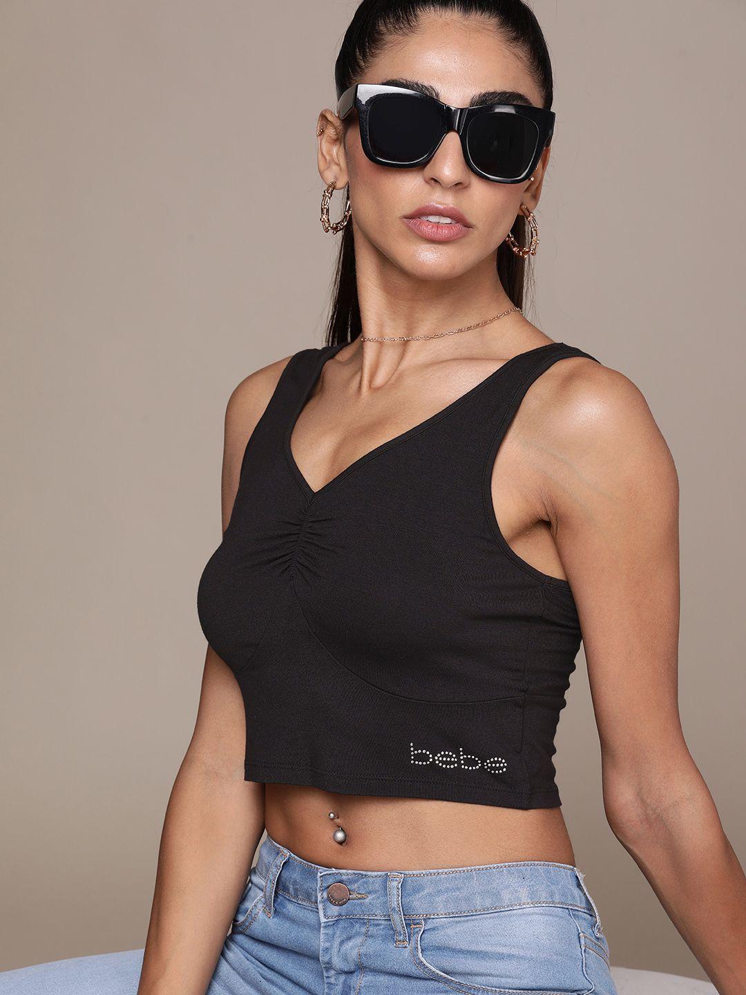 bebe black essential solid gathered detail crop top