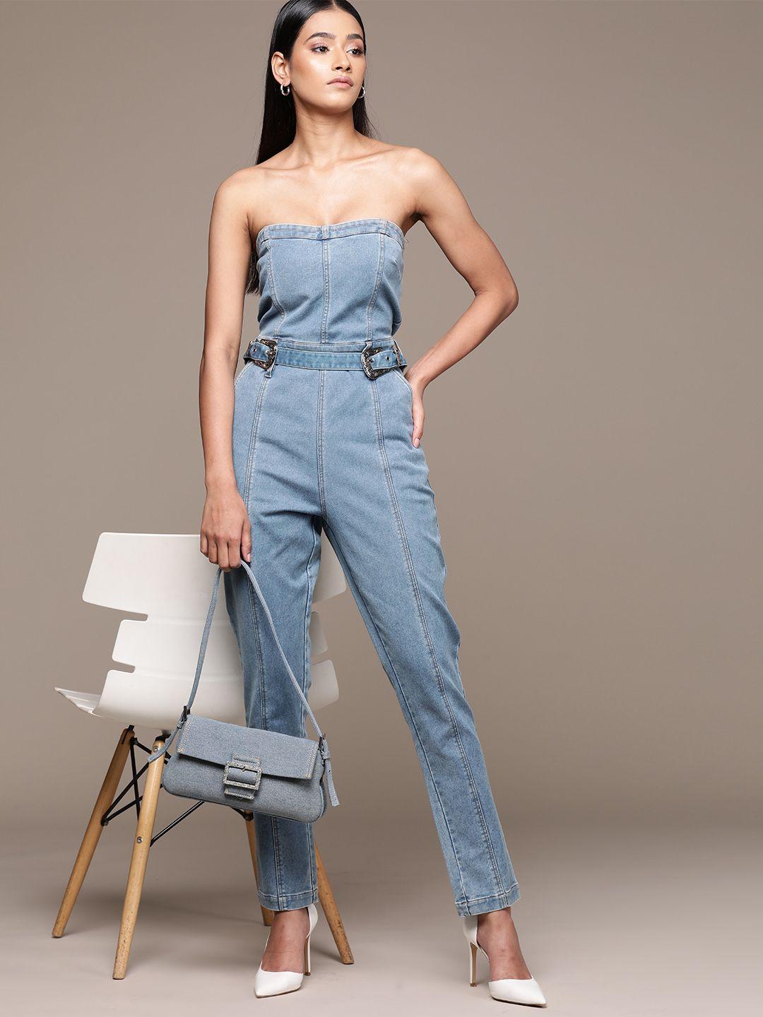 bebe blue denim daze strapless jumpsuit with belt