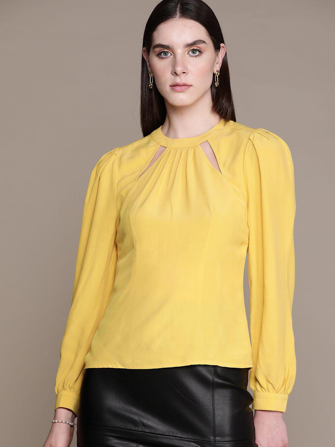 bebe brighter basics aureate yellow cut out detail puff sleeves regular top