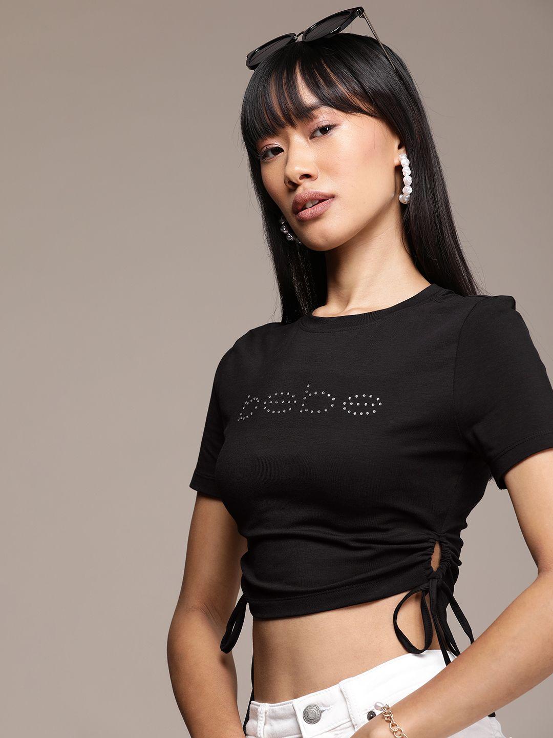 bebe embellished brand logo t-shirt with tie-up detail