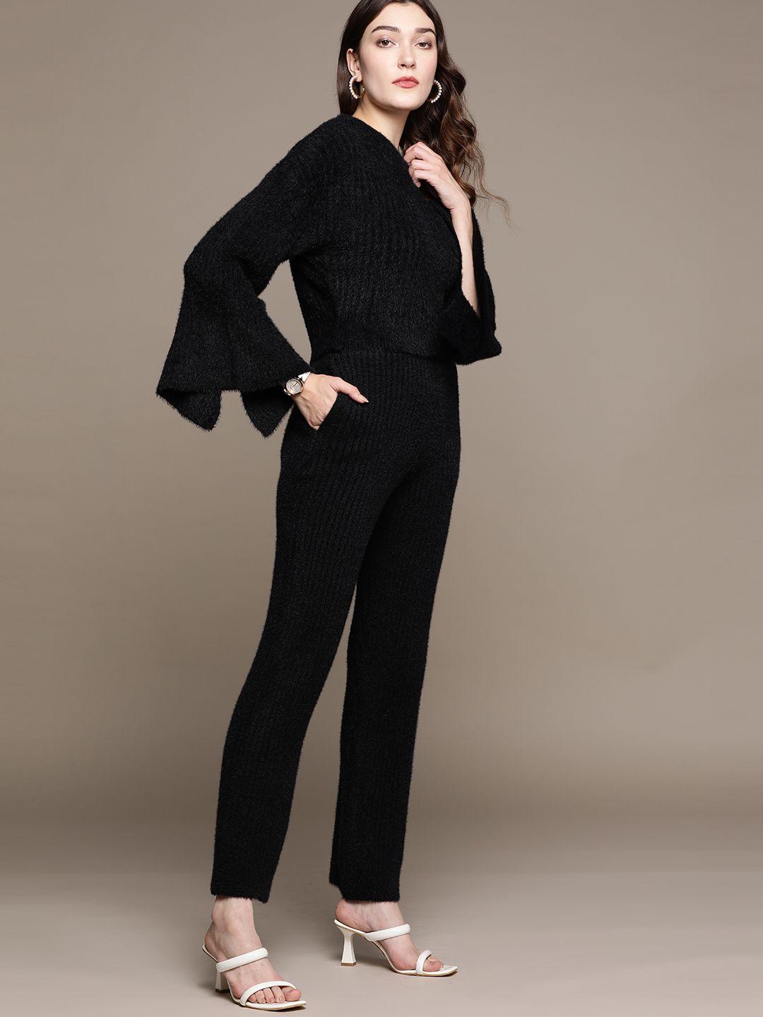 bebe jet black ribbed all day fuzzy detail flared sleeves co-ords