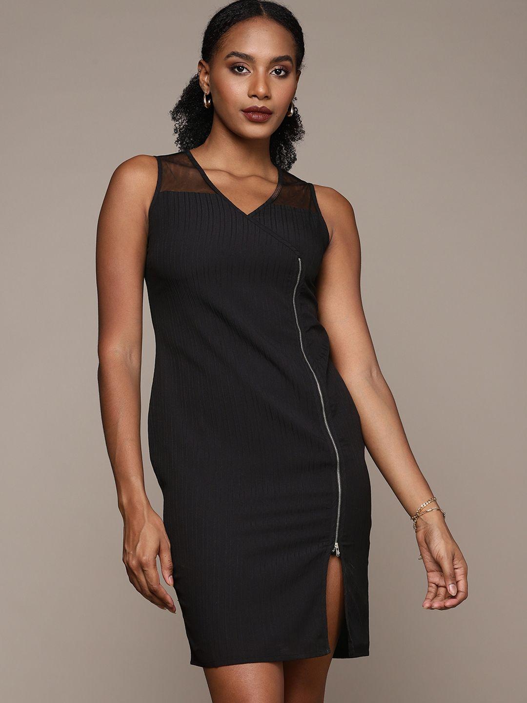 bebe jet black season staple striped mesh yoke sheath dress