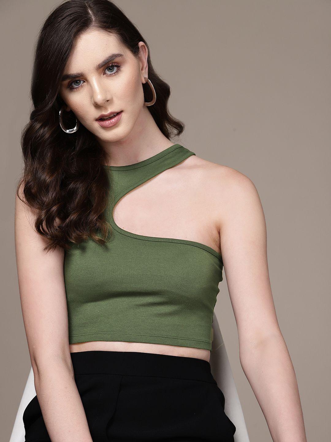 bebe kombu green brighter basics cut-out detail crop top