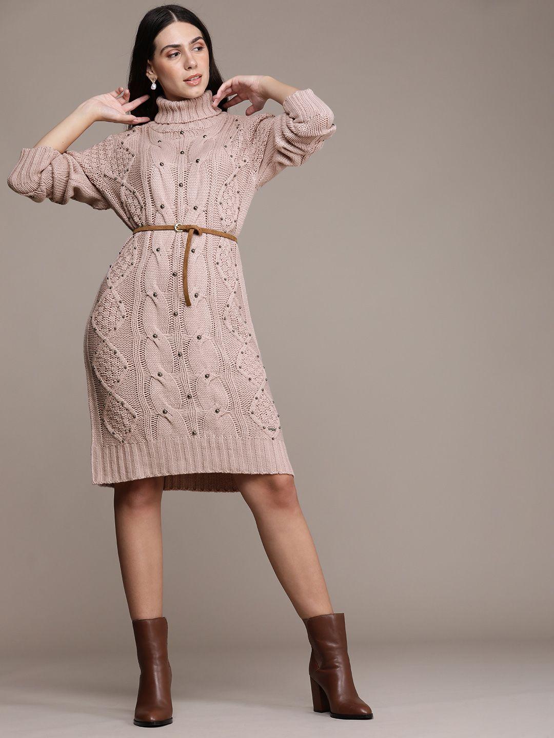 bebe nude pink cable knits self design mock collar extended sleeves studded sweater dress