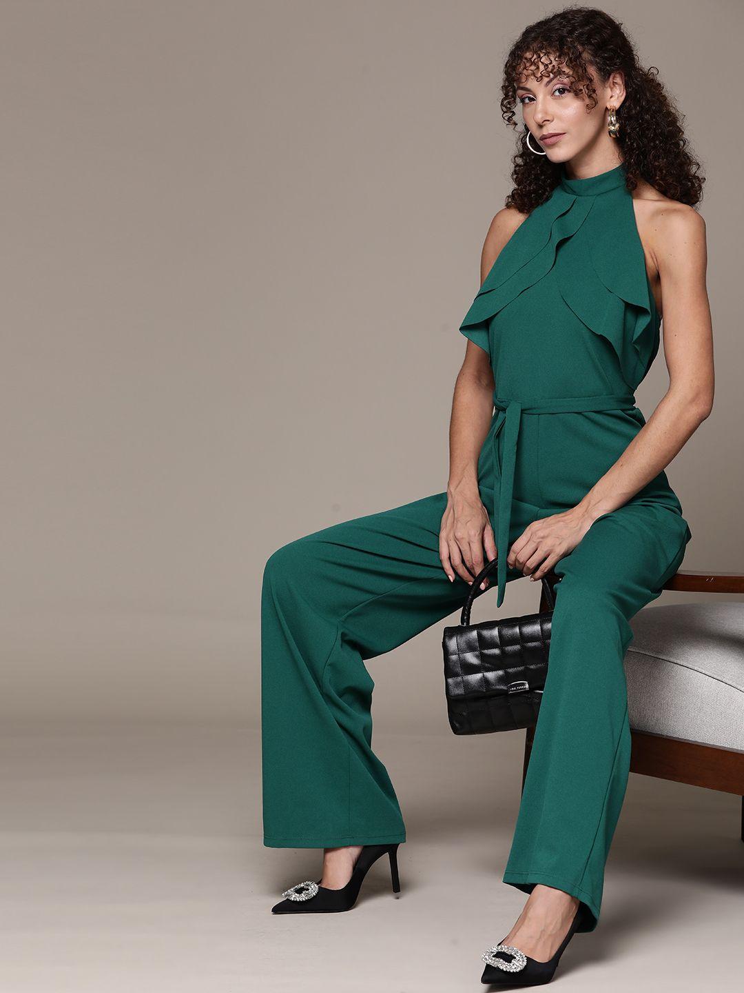 bebe party halter neck basic jumpsuit with ruffles